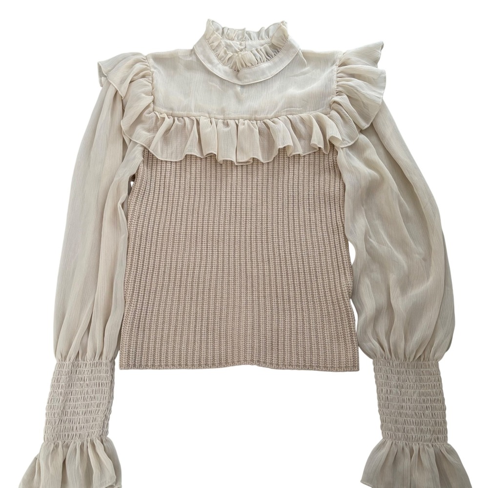 Ontwelth Mixed Media Ruffle Knit Top Beige Chiffon Balloon Sleeve M Office‎